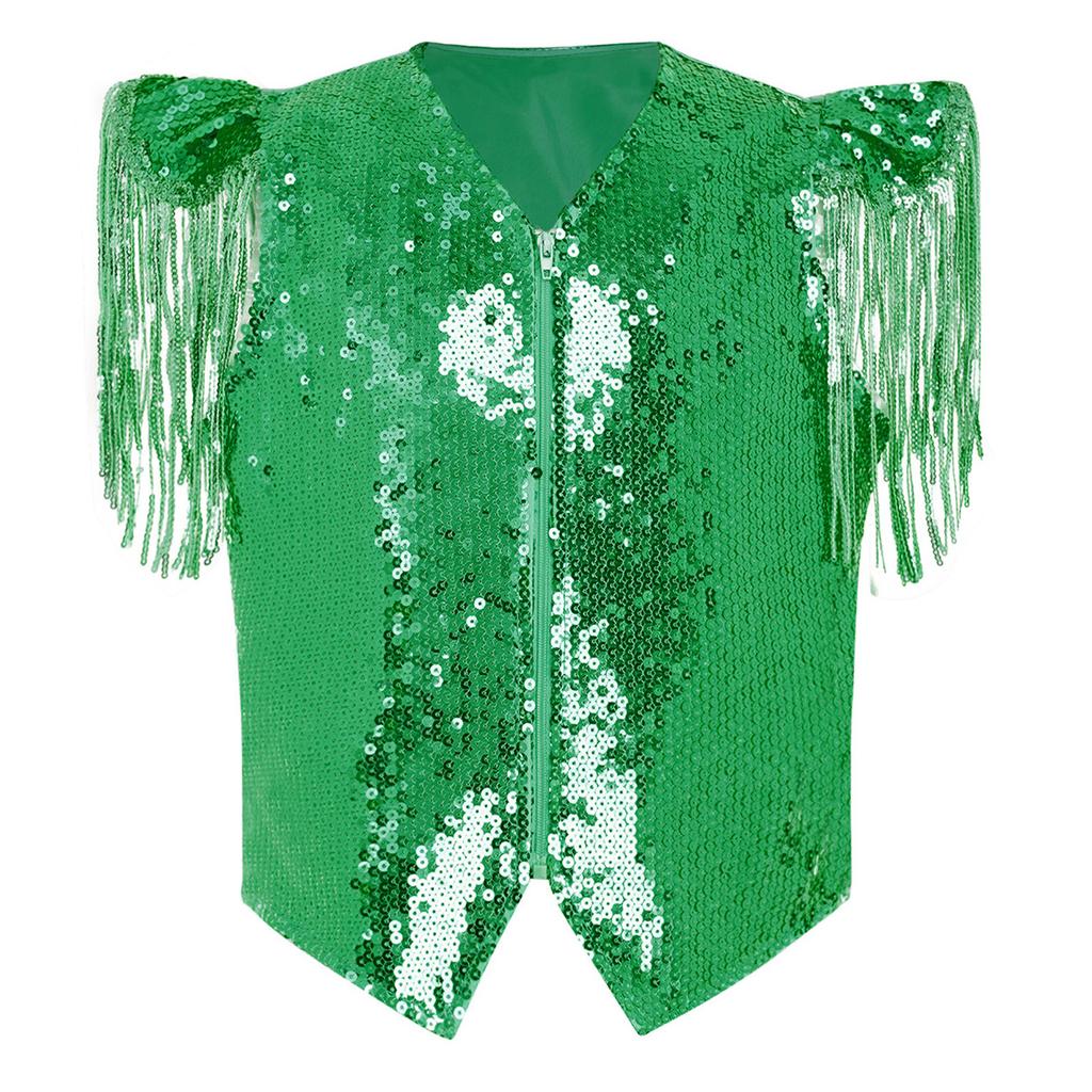 Boys Sequined Patchwork Vest Tassels Cap Sleeves V Neckline Stage Performance Waistcoat