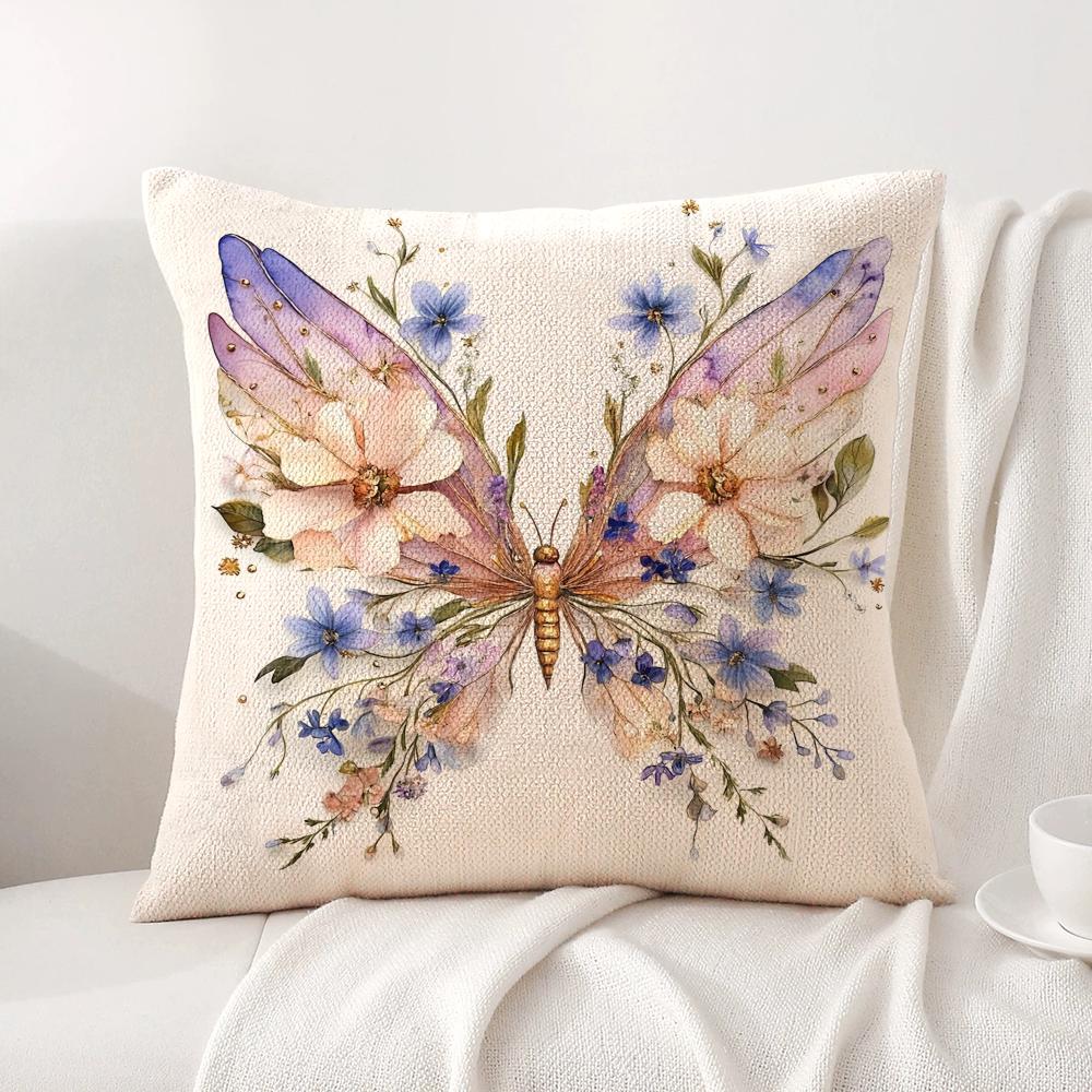 Watercolor butterflyflower Cushion Cover Natural Linen Organic Fabric DoubleSided Printing Sofa Home Decor Gift Pillow Cover