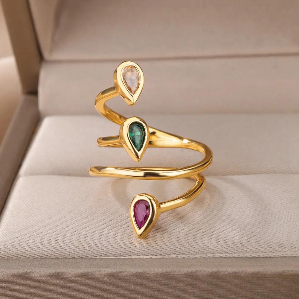 

Zircon Water Drop Rings For Women Gold Color Stainless Steel Long Wide Ring Female Fashion Wedding Party Finger Jewelry 2024 New Open