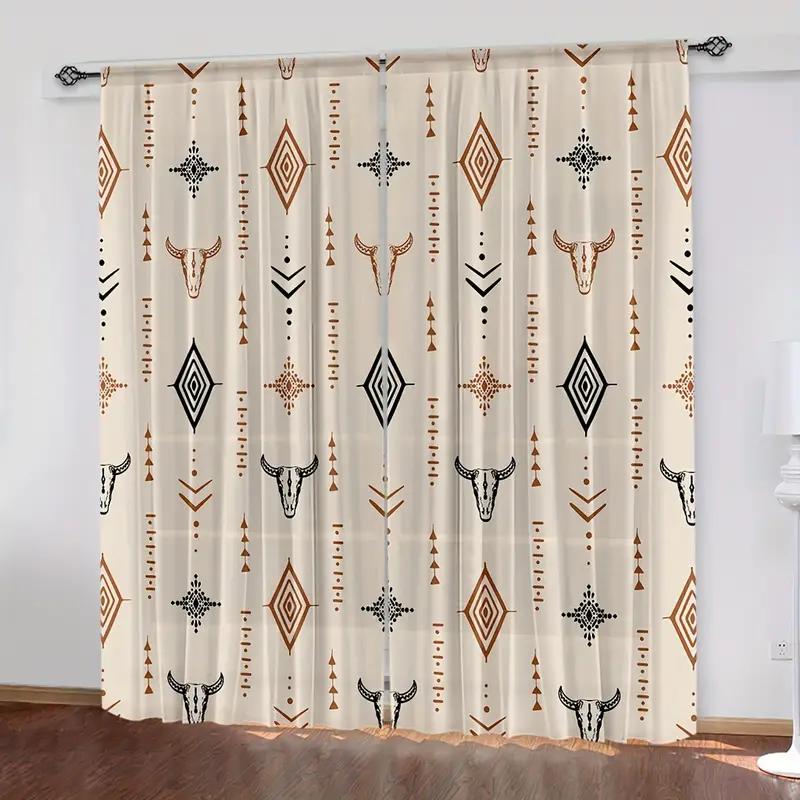 2pcs Boho Tribal Bull Skull Printed Curtains, Designed for Light Filtering, Quality Material, Ideal for Western Style Home Windo