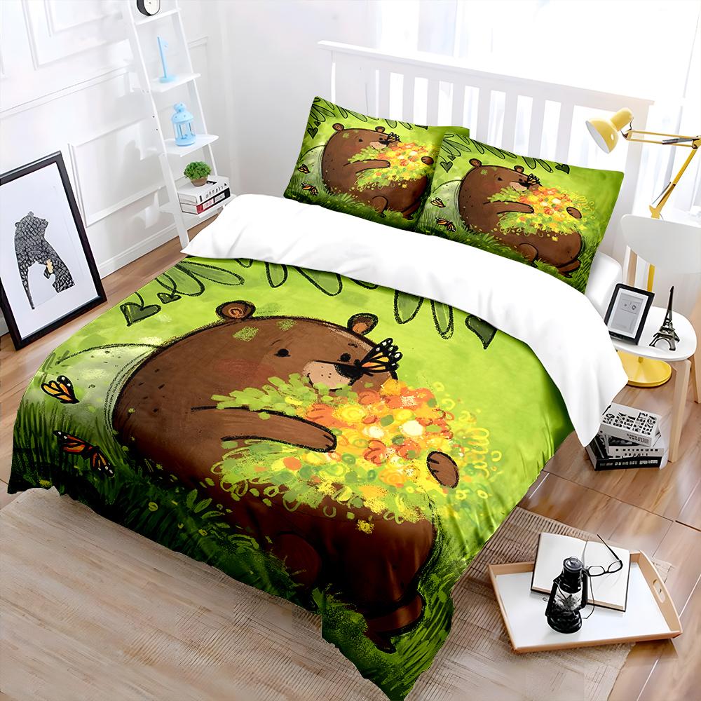 Bear Hugging Flowers With Butterflies Bedding Set For Kids Luxury Gift 3Pcs Digital Print Comforter Set Soft Comfortable