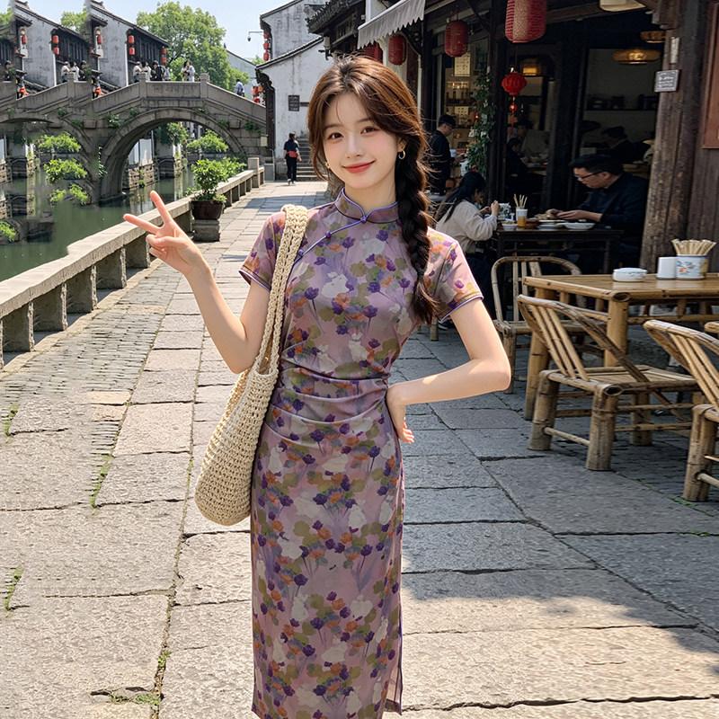 Purple national style new Chinese style Suzhou medium and long cheongsam improved young 1011 new women's high-end sense small man