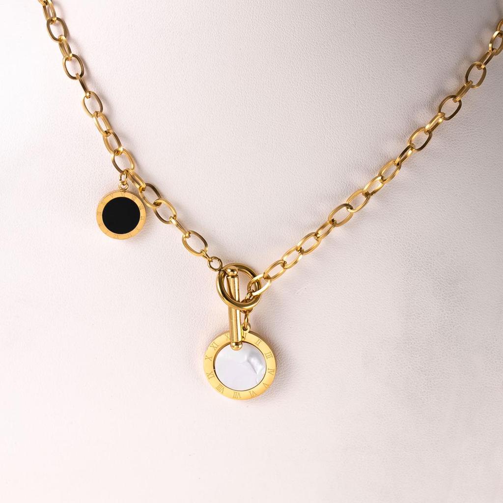 Roman Numeral Necklace with Titanium Steel and Mother-of-Pearl Pendant, Electroplated 18k Colorfast, Black and White, Clavicle Chain.