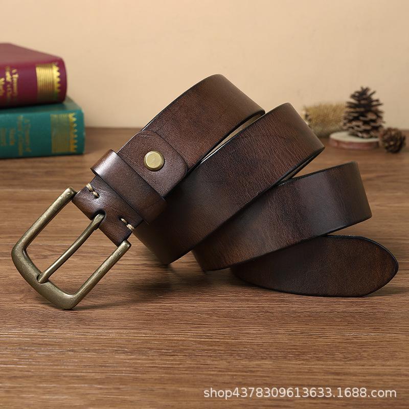 Personalized Fashion Trend Contrasting Spot Belt Men's Genuine Leather Needle Buckle Layer Cowhide Retro Pure Copper Denim Belt