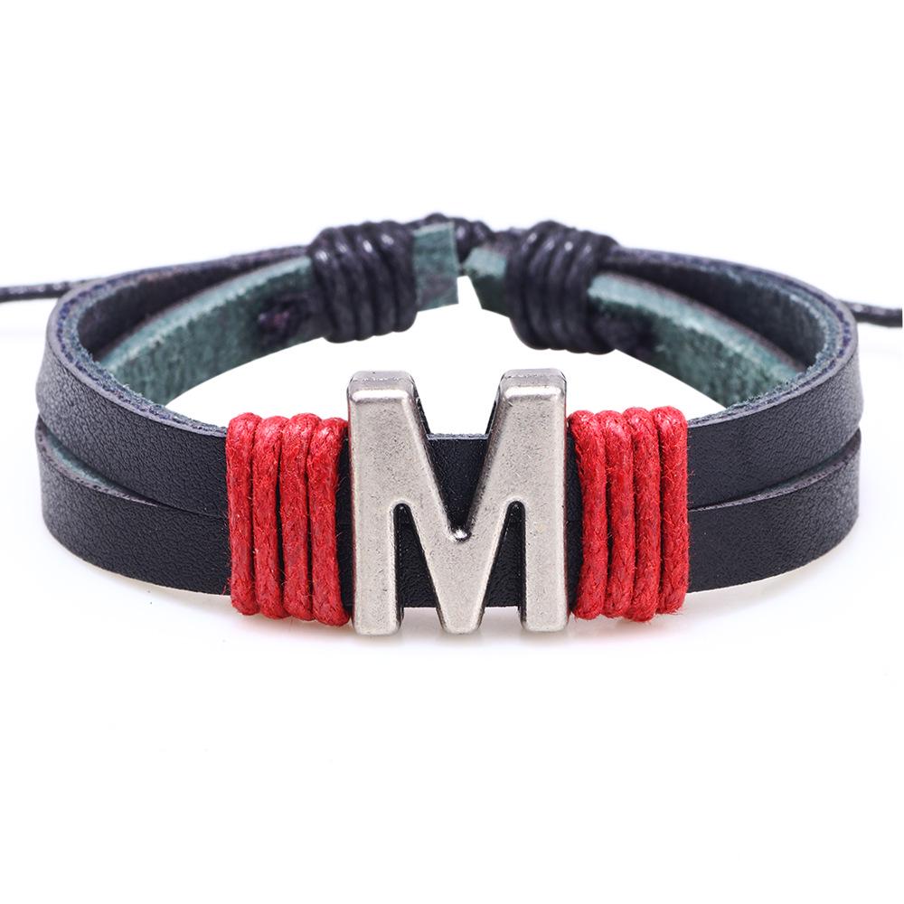 Handmade Woven Leather Bracelet with English Letter Charms