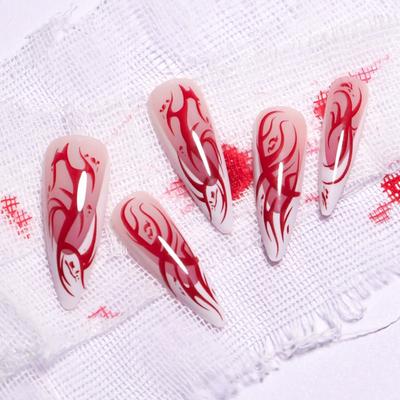 24pcs Manicure Long Almond False Nails Ballerina Red Flame Fake Nials Detachable Stiletto Press On Nails DIY