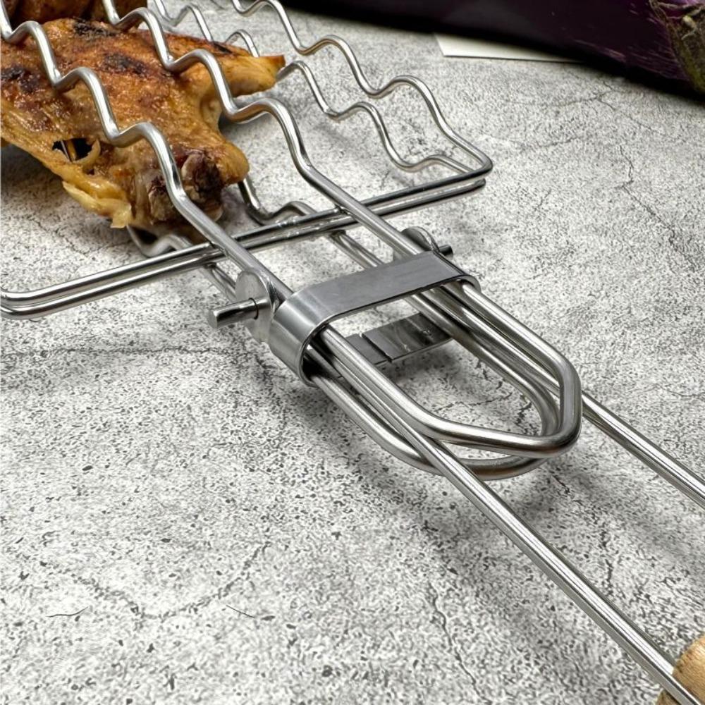 Collapsible Handle Hot Dog Grilling Clip Stainless Steel Barbecue Rack BBQ Grill Basket  Shrimp