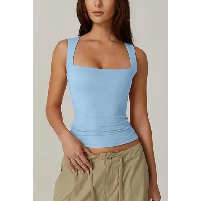 

2025 Seaside Vacation Summer New Solid Color Женская майка без рукавов с квадратным вырезом, двухслойная, базовая облегающая футболка для женщин S небесно-голубой