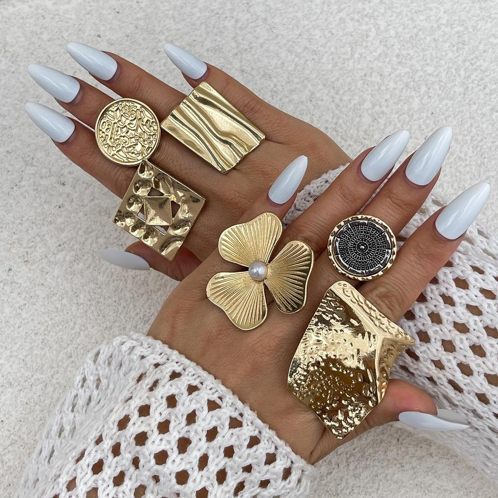 Vintage Geometric Pleated Flower Joint Rings Gold Silver Color Irregular Imitation Pearl Knuckle Ring Hollow Out Fashion Jewelry for Women Men