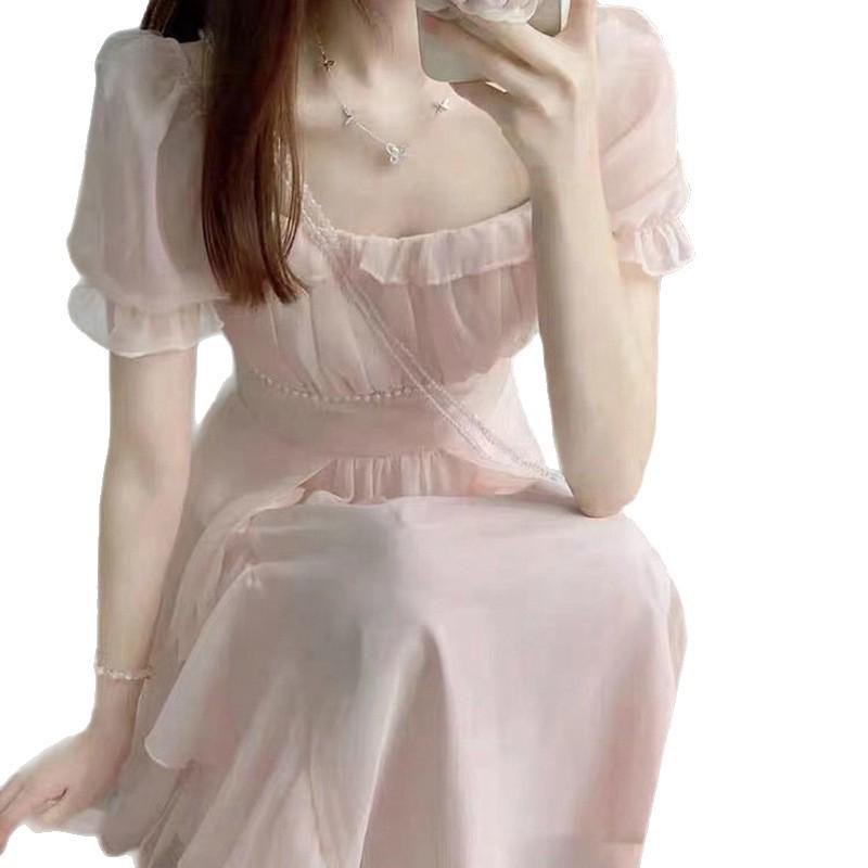 Women's Summer French Square Neck Fairy Dress - Waist Slimming, Medium-Length