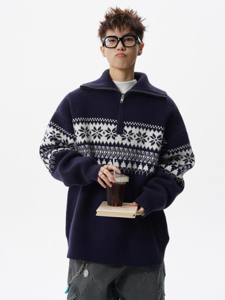 Pull Cardigan Homme Jacquard Fair Isle Fermeture Éclair Demi-Zip Col Montant Noël