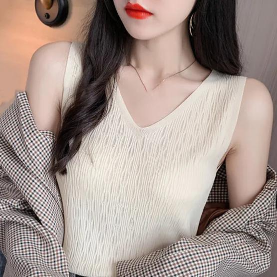 WTEMPO Femei cu decolteu în V, maiuri tricotate largi, primăvară, vară, culoare solidă, cu camisole elastice, veste scurte, de dimensiuni mari, tricotate, de bază.