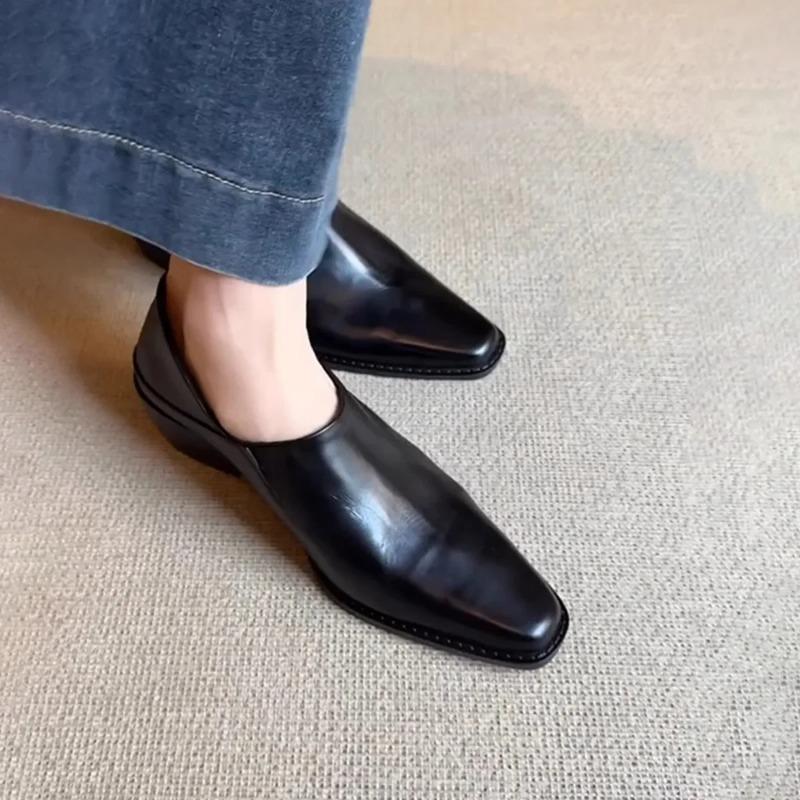 Elegant Slip-On Loafers Women's Spring Summer New Style Square Head Personality Small Leather Shoes Mid Heel Commuting Single