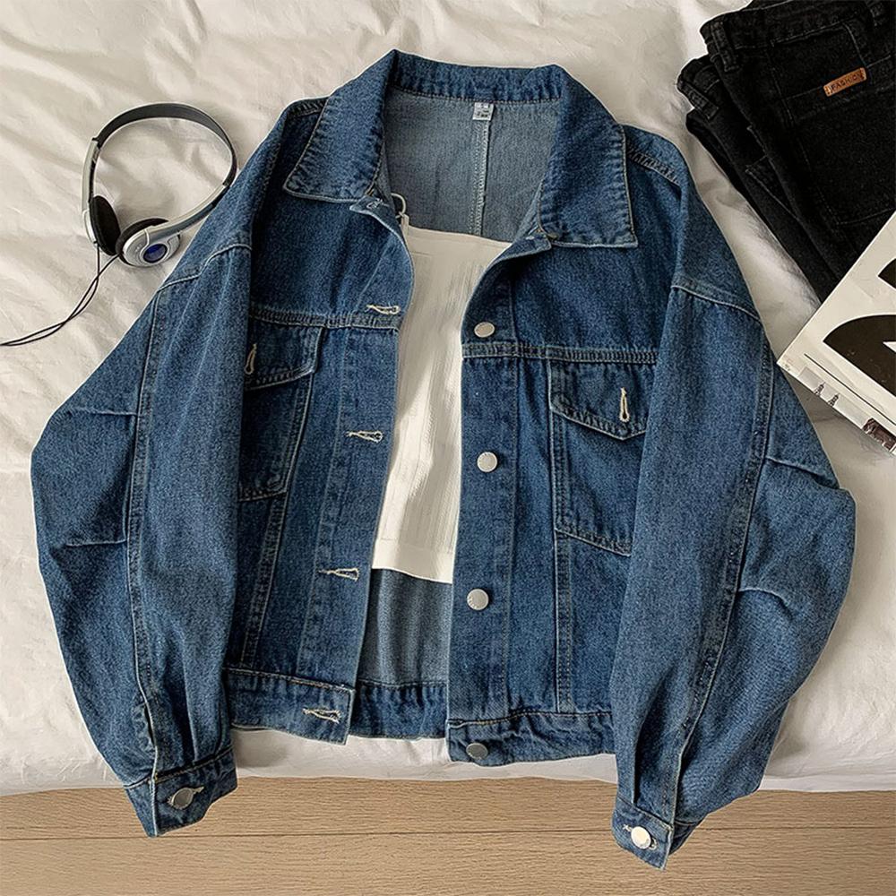 

Винтажная женская повседневная джинсовая куртка с отложным воротником и длинными рукавами, свободное джинсовое пальто, женский весенне-осенний универсальный джинсовый кардиган