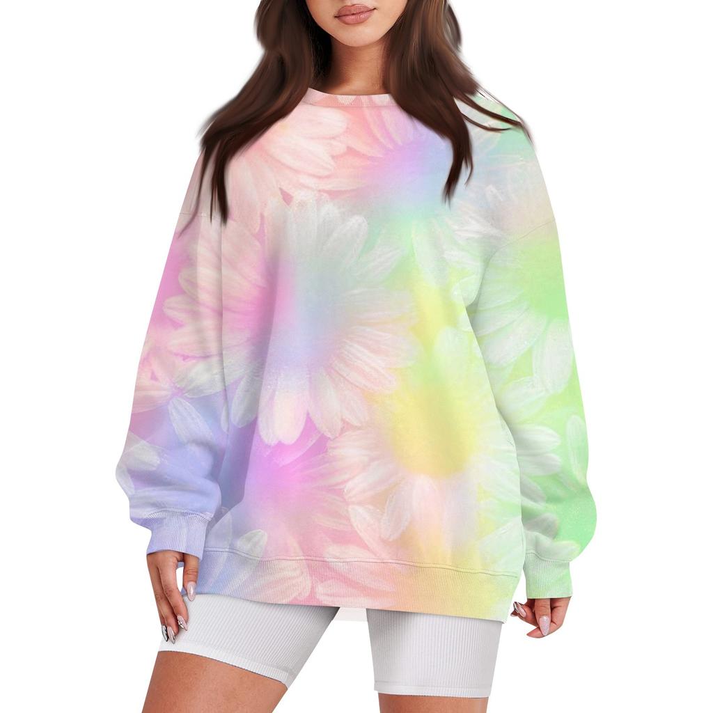 Women's Casual Print Round Neck Loose Long Sleeve Sweatshirt Top With Pocket