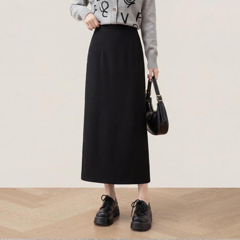 Elegant High-Waisted Slit Midi Skirt L