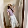 Mashed taro purple pure desire pleated square neck short-sleeved T-shirt women's summer new niche design temperament top