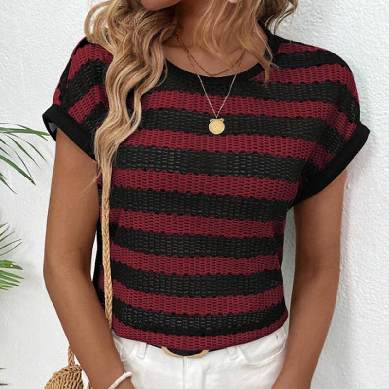 

Женская летняя футболка с коротким рукавом, круглым вырезом, сетчатая в полоску, пуловер, топ S