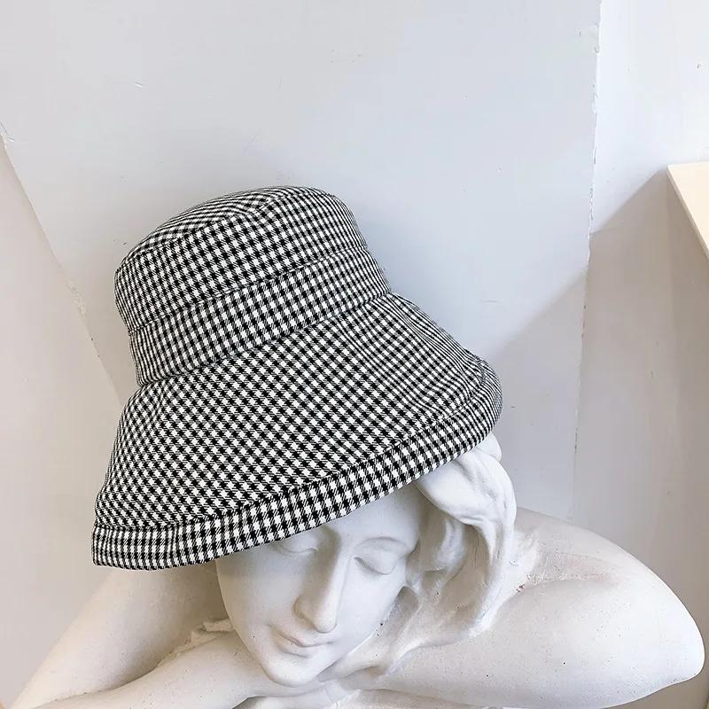 Summer Plaid Girl Fisherman Hat Ladies Foldable Sun Beach Shade Ladies Cotton Outdoor Protective Sun Hat