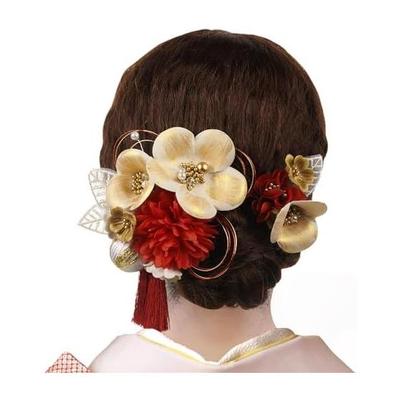 [OTAKUMARKET] 2-Piece Hair Accessory Set for Formal Occasions - Red X White Gold - Featuring High-Quality Artificial Flowers, Mizuhiki Accents, U-Pin