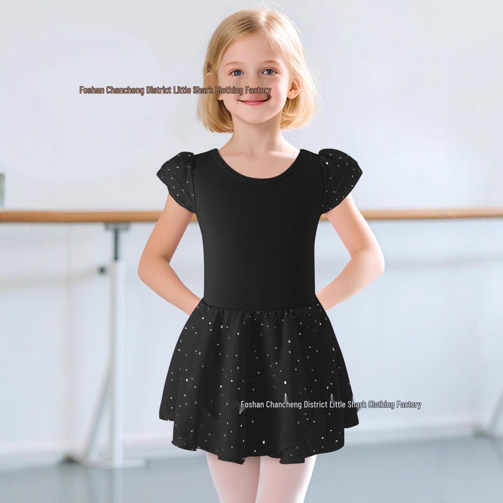 Dětské šifonové taneční šaty s flitry a křížovým zadním dílem pro balet a gymnastiku