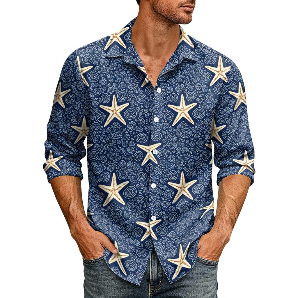 Men's Loose Fit Long Sleeve Shirt Hawaiian Style Button Down Collar Casual Vintage Shirt Suitable for Spring and Autumn Wear