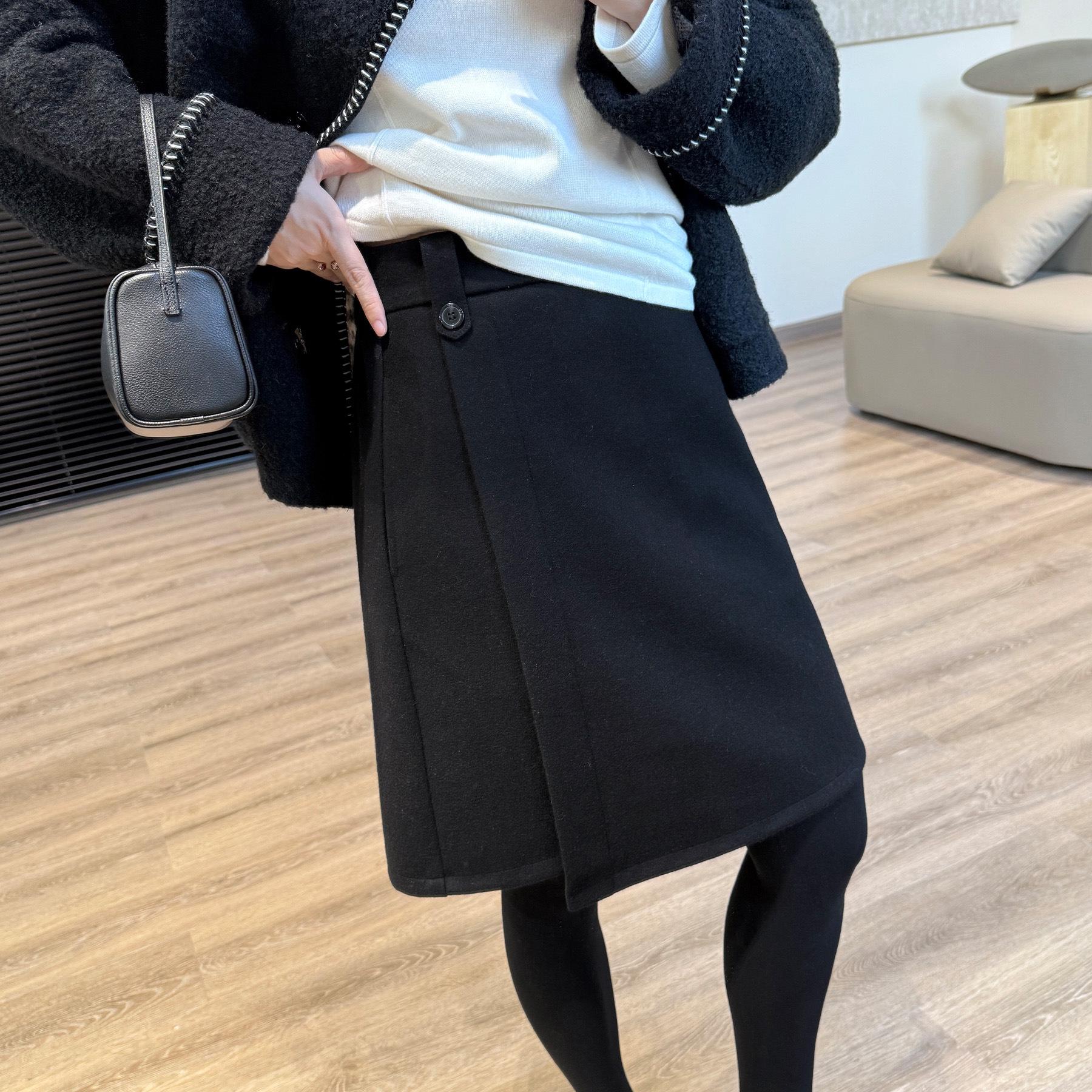 Elegant Wool A-line Midi Skirt: Slimming, Elastic Waist, Perfect for Autumn/Winter Commutes. Large чёрный