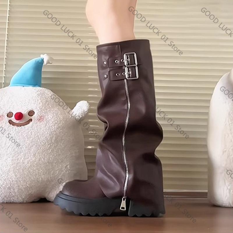 Fashion 2025 Punk Style Splicing Thick Bottom Women Knee-High Boots Fashion Zipper Female Pleated Knight Long Booties Shoes