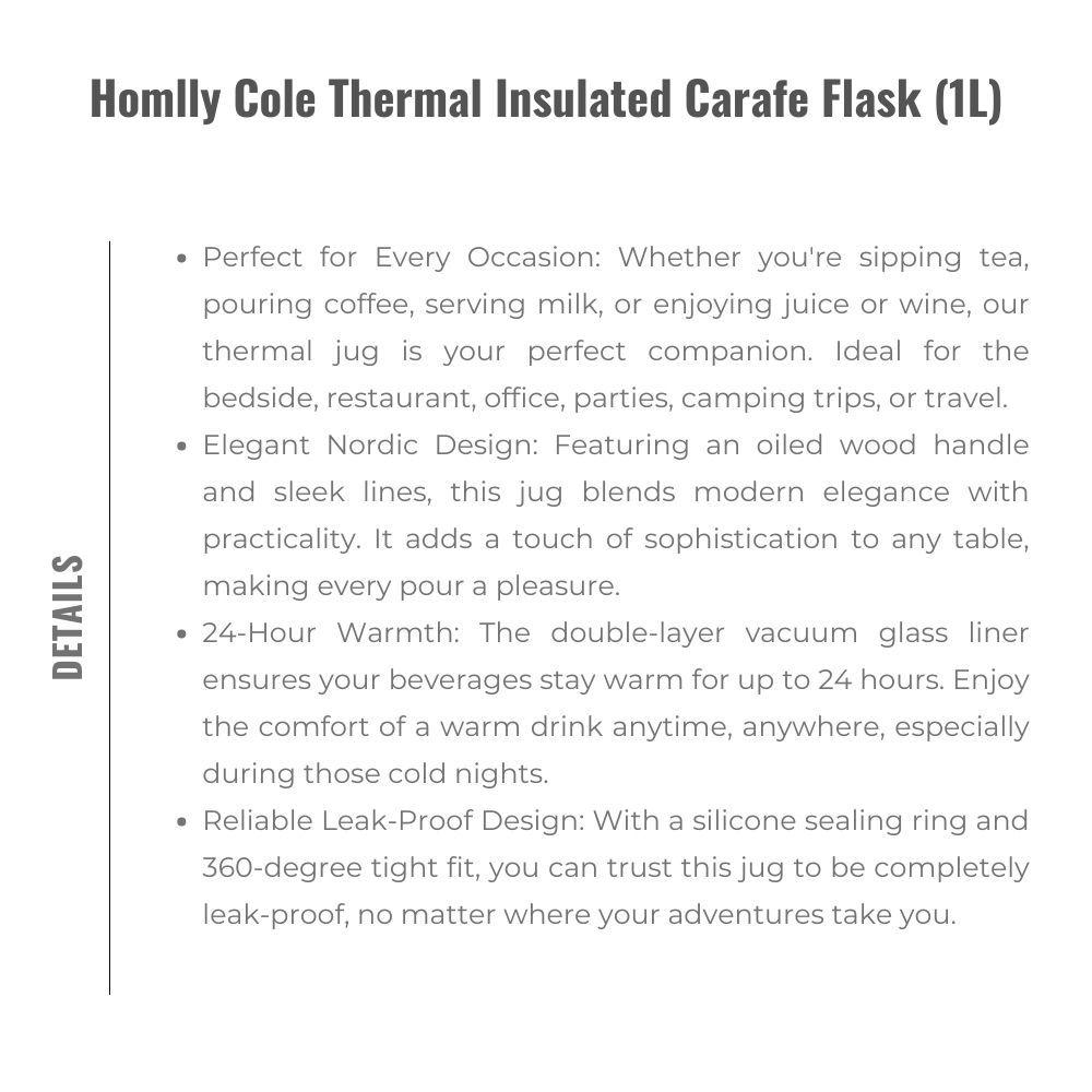 Homlly Cole Thermal Insulated Carafe Flask (1L)