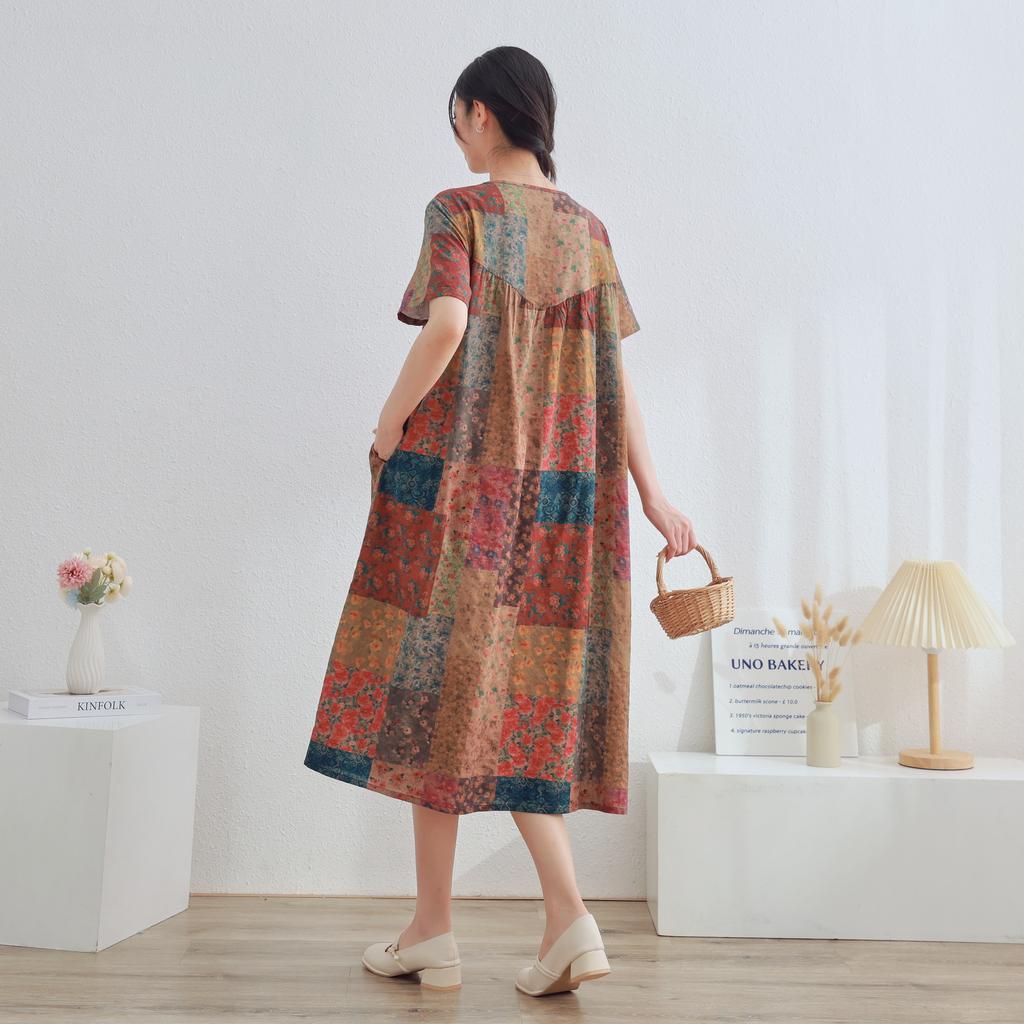 DIMANAF 2025 Women Plus Size Summer Dress Casual Floral Dress Basic Vintage Loose Long Dress Maxi