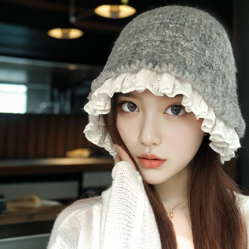 

Korean Lazy Style Gray Knitted Hat for Women In FallSeason and ColdSeason Literary Lace Wool Fisherman Hat Showing Face Small Thermal Basin Hat one size