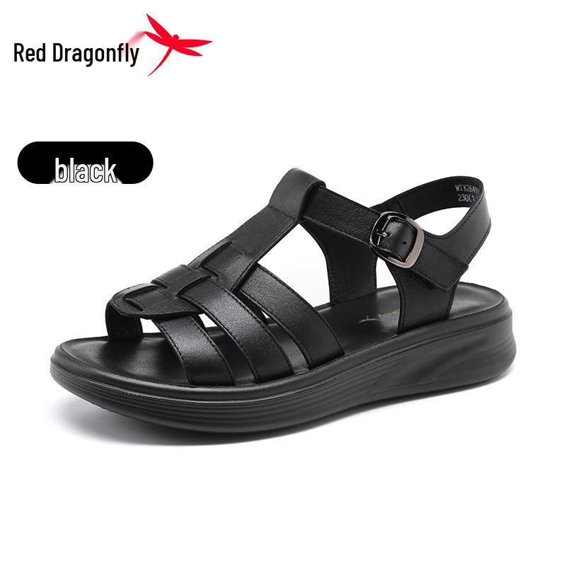 Red Dragonfly Women's Summer Roman Sandals - Soft Genuine Leather, Thick Sole, Outdoor.