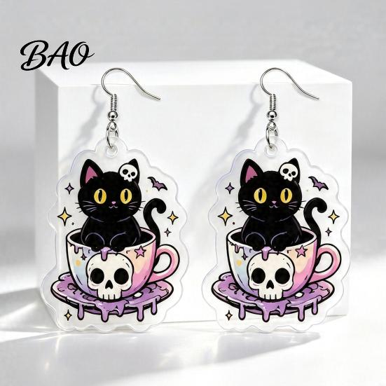 Skull Teacup Pendant 1 Pair Halloween Earrings for Women, 2D Acrylic Black Cat Women Dangle Drop Earrings, Gothic Cartoon Jewelry Party, Daily