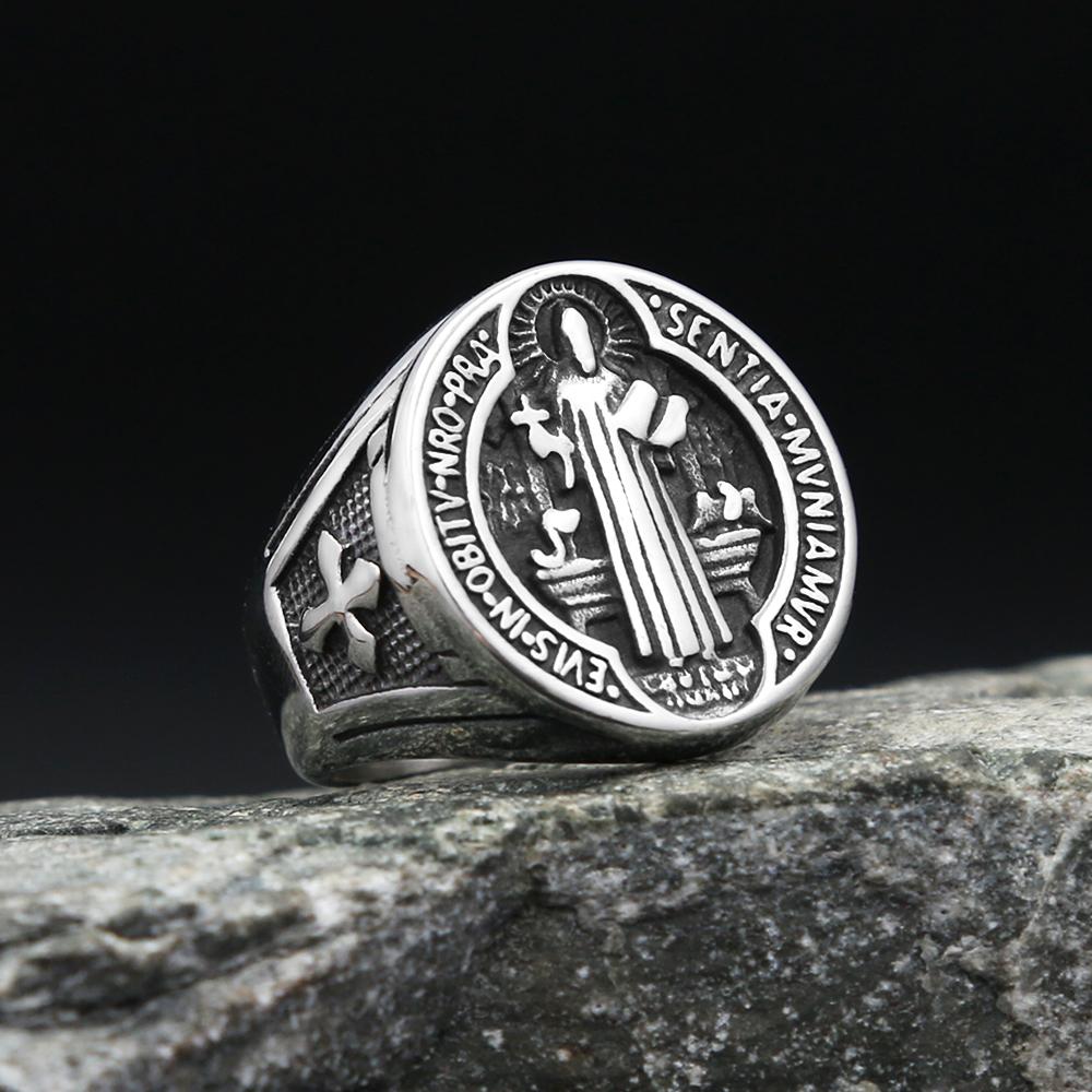 Vintage 316L Roestvrij Staal Sint Benedictus Ringen Voor Mannen Vrouwen Mode Religieus Kruis Beschermende Sieraden Cadeaus