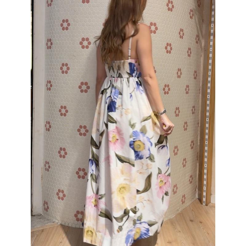 Damen Elegantes Urlaubsstil Blumenmuster Schnürung Ärmellos Langes Kleid