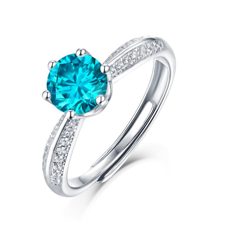 Bague Ringen S925 Silver Set 1ct Moissanite Luxury Round Bag Color Women's Six-prong Pink Adjustable Opening Ring