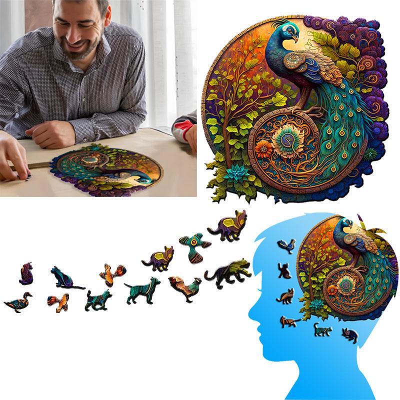 Classic Round Peacock Wooden Jigsaw Puzzle Irregular Animal Shaped Wooden Puzzle Adult Puzzle Toys Festival Gift For Friends and Family