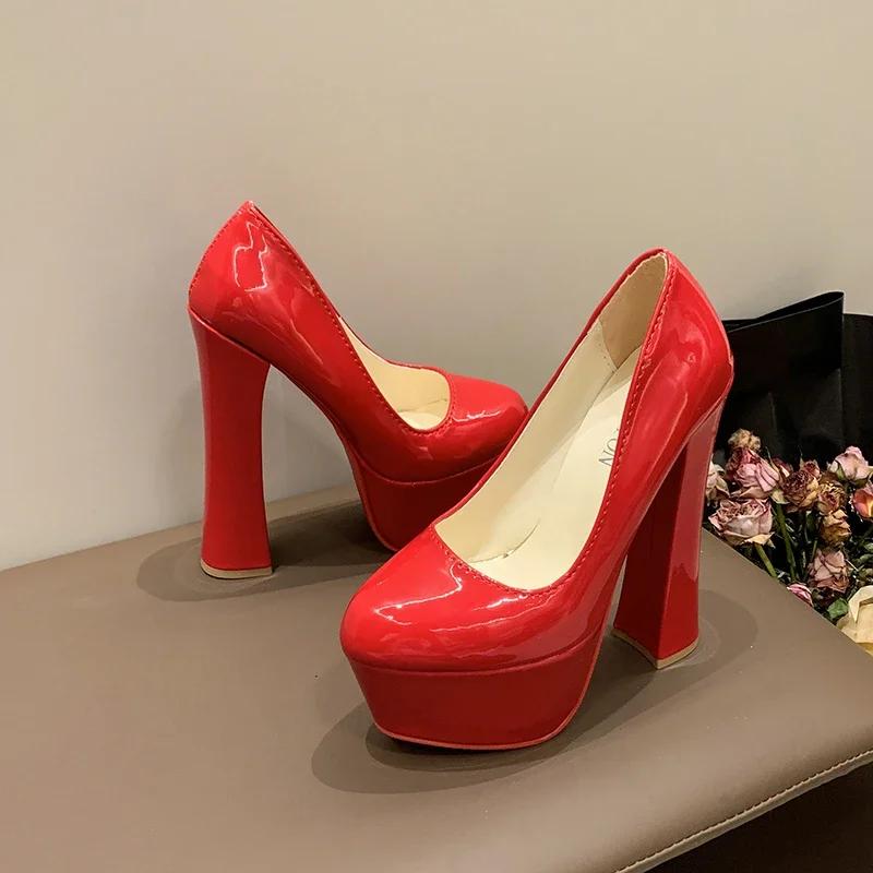 

35-43 Большие размеры Женские туфли на высоком каблуке Сексуальная красная подошва Толстые 16 см каблуки Водонепроницаемые платформы Прогулочные клубные туфли Одиночные туфли 35 красный