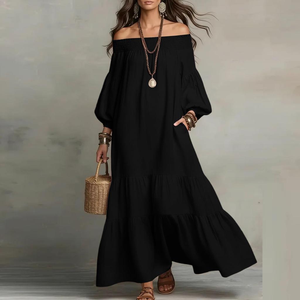 Womens Off Shoulder Maxi Dress Puff Sleeve Loose Fit Tiered Dresses Lightweight Boho Casual Dress