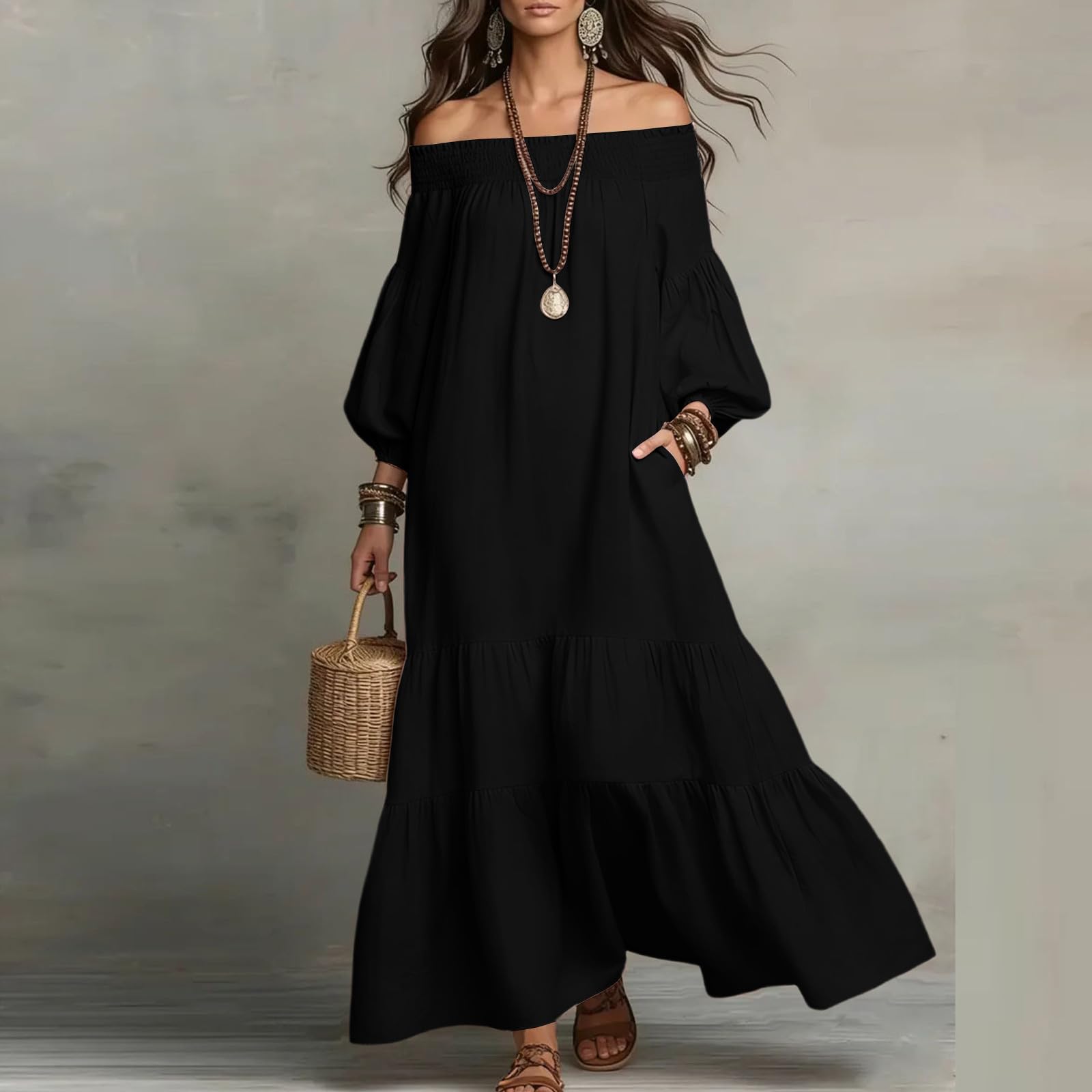 

Womens Off Shoulder Maxi Dress Puff Sleeve Loose Fit Tiered Dresses Lightweight Boho Casual Dress L