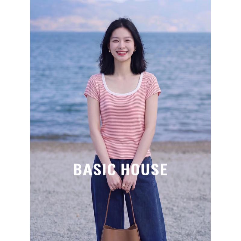 Basic House Women s Striped Square Neck Cotton T-Shirt L