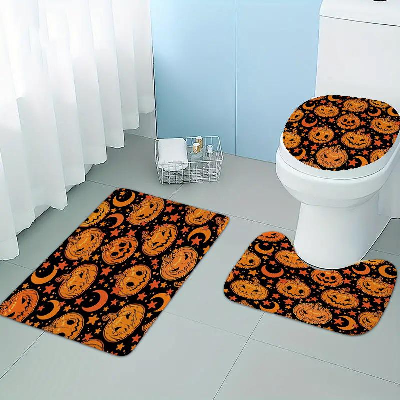 Halloween Scary Pumpkins Shower Curtain  Witch Bath Sets Waterproof Non-Slip Bathroom Rug Toilet U  With 12 Hooks Home Deco