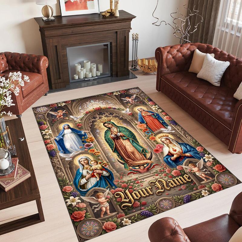 Virgin Mary Theme Crystal Velvet Rug Personalized Custom Name Text Soft Floor Mat Home Decor