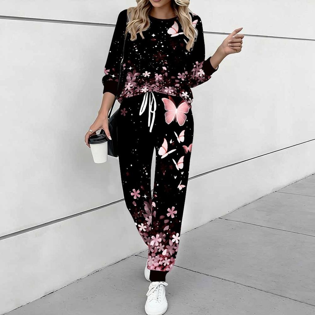 Conjunto de dos piezas con estampado floral para mujer, Top de manga larga con cuello redondo y Pantalones joggers con cordón, Chándal casual para primavera y otoño