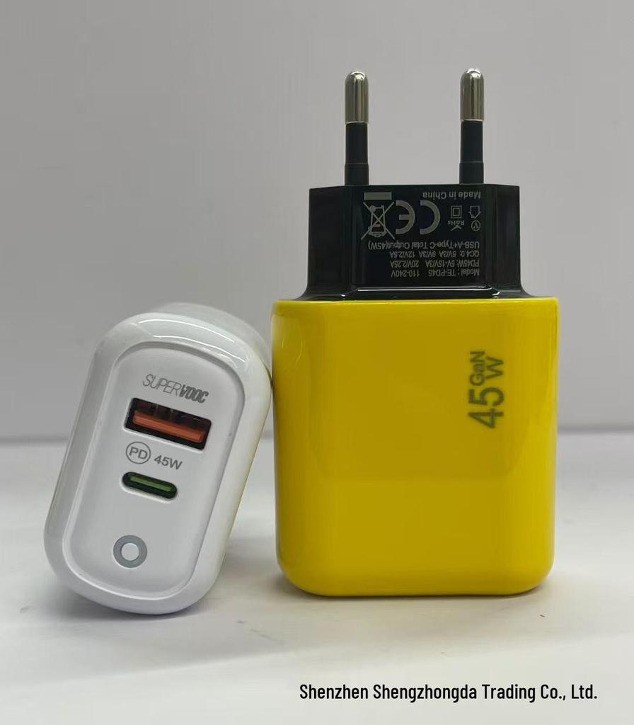 Dual-Port PD45W GaN Fast Charger with International Compatibility and LED Indicator