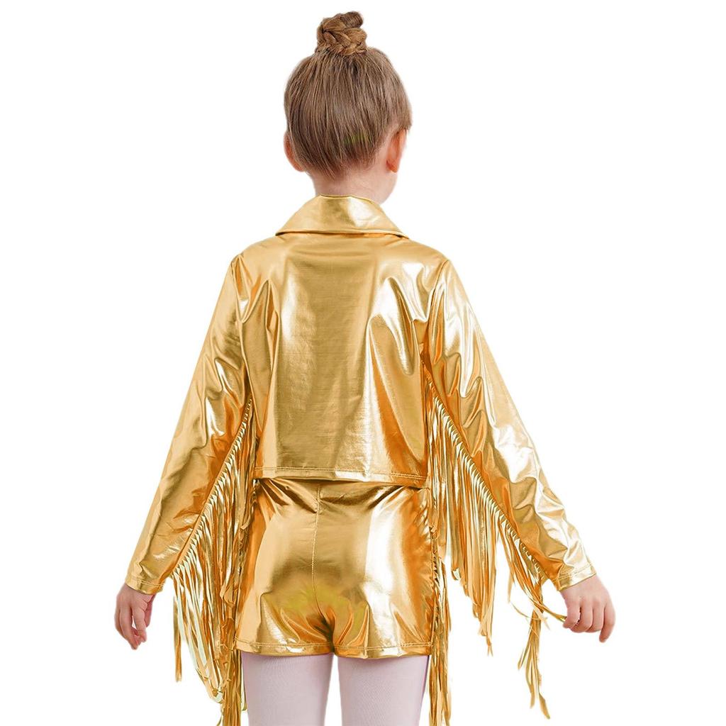 Girls Dance Jacket Metallic Tassel Design Turn Down Collar Long Sleeve Zipper Fringe Party Top