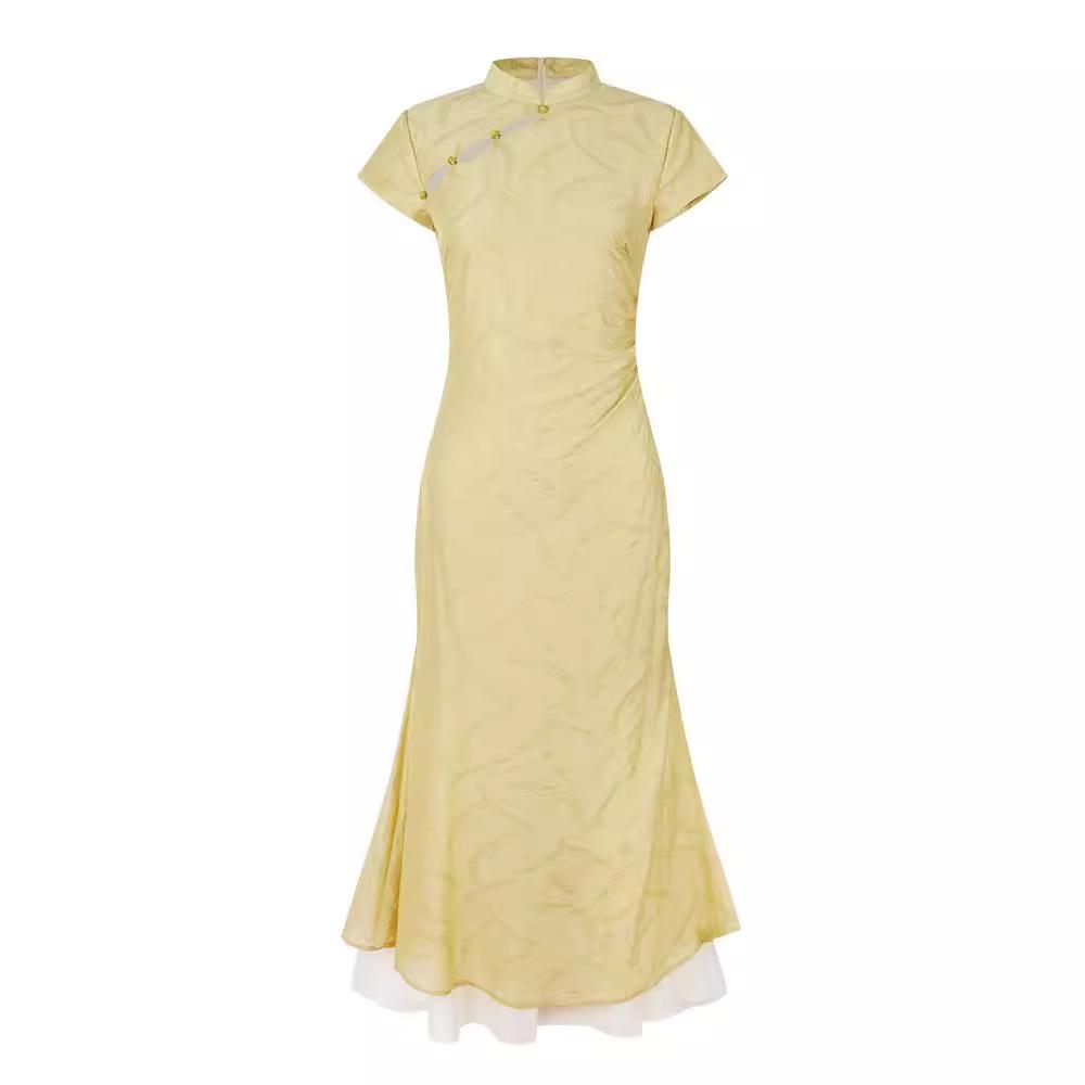 Retro Chinese Stand Collar Cheongsam: Step by Step Lotus Spliced Slimming Dress
