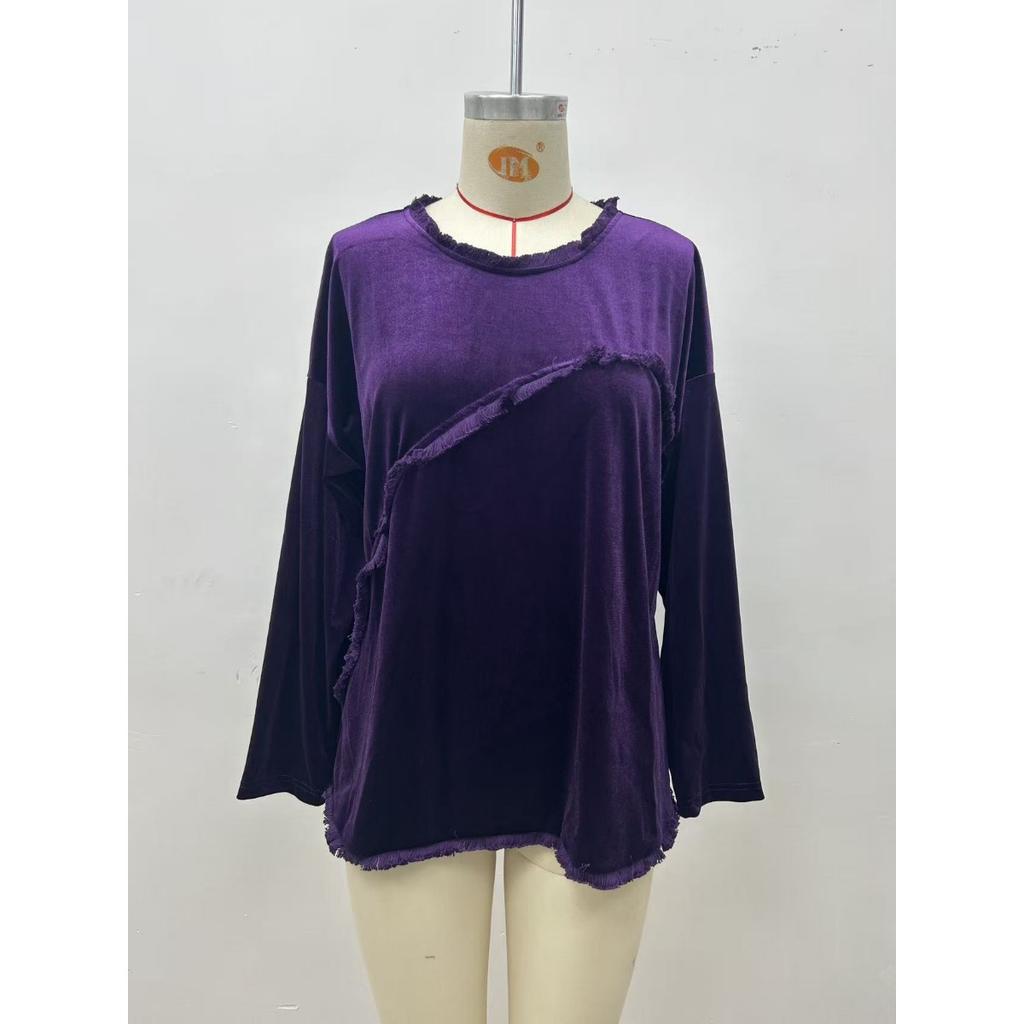 Women's European & American Style Velvet Patchwork Tassel Crew Neck Long Sleeve Top