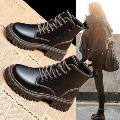 New Chinese Martin Boots Women's New 2025 British Autumn and Winter Velvet Single Boots Thick-soled Short Boots Super Fire Heightening Short Boots