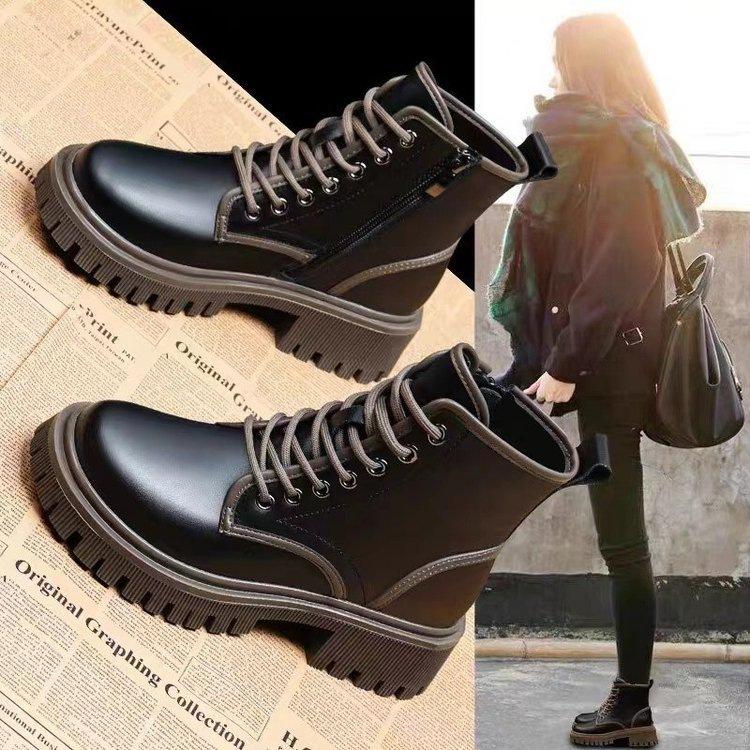 New Chinese Martin Boots Women's New 2025 British Autumn and Winter Velvet Single Boots Thick-soled Short Boots Super Fire Heightening Short Boots